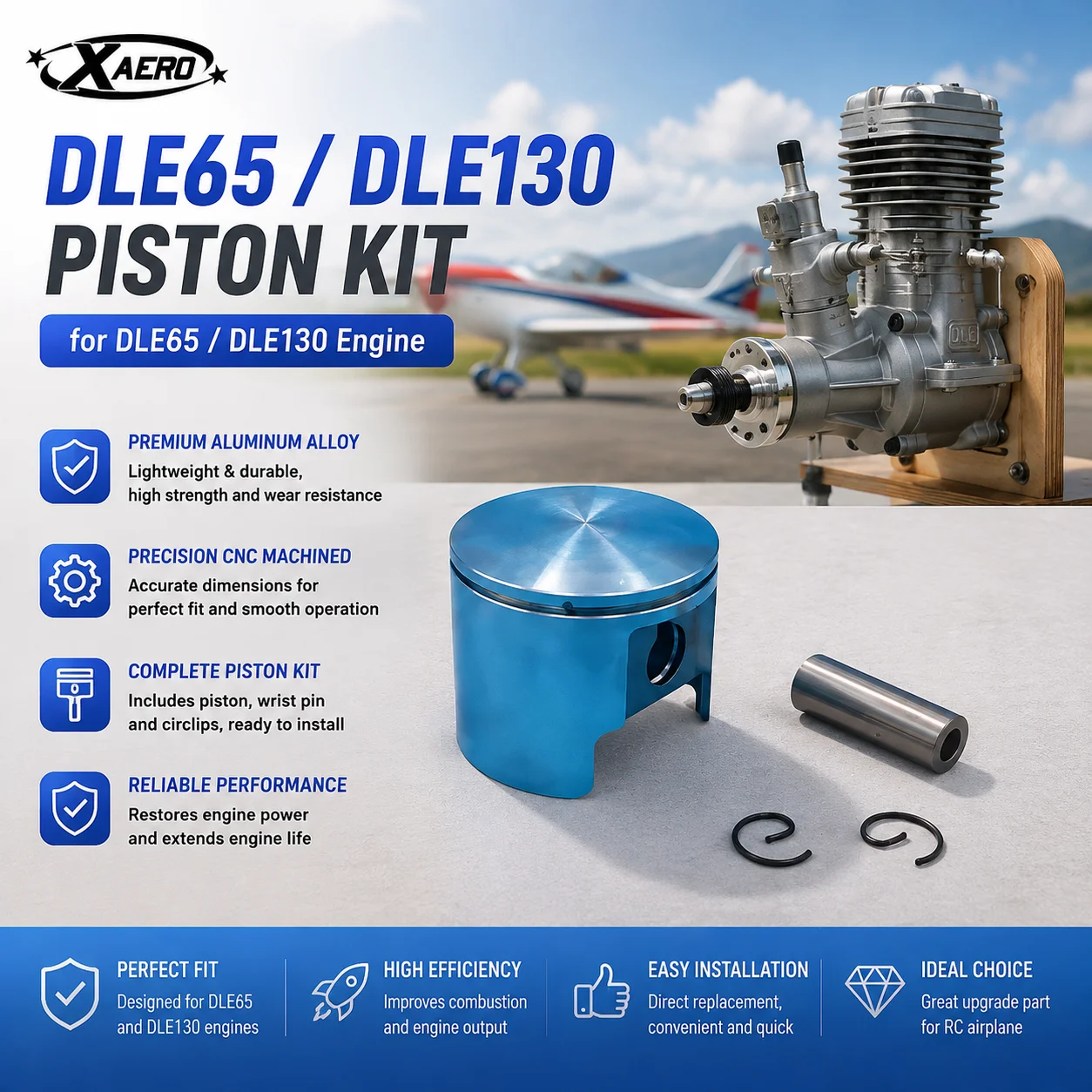 DLE65 DLE130 Piston Kit Aluminum Alloy for DLE65/130 Engine, RC Airplane Gas Motor Parts, Repair Replacement Set