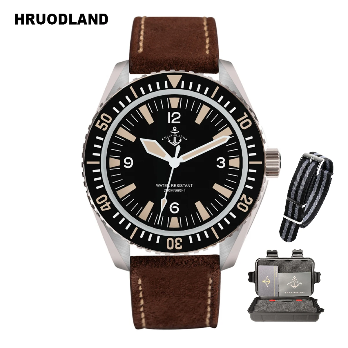 Hruodland F025 Retro Sport Herenhorloge HZ2565 Automatisch Mechanisch RVS Lederen Band Duikhorloge herenhorloge voor mij