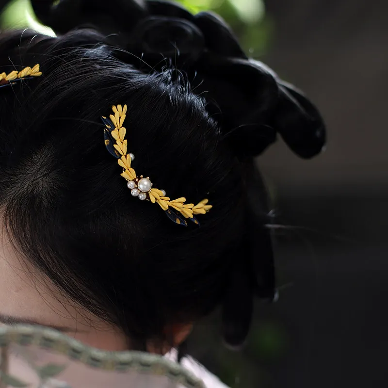 Chinese Style Lucky Blessing Osmanthus Wrapped Flower Hairpin Vintage Hanfu Hair Accessories Pearl Wheat Ear U Shaped Hair Stick