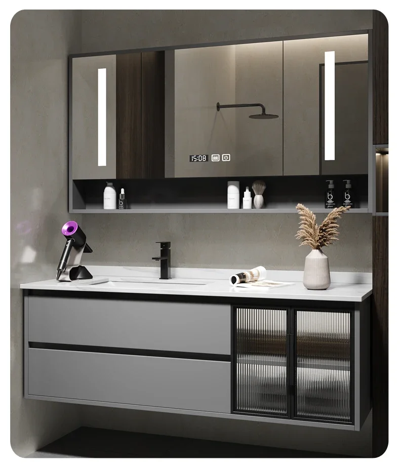 Bathroom Furniture Combination Intelligent Lighting Mirror Cabinet Lnclude Faucet Slate Modern Minimalist Vanity Wash Basin