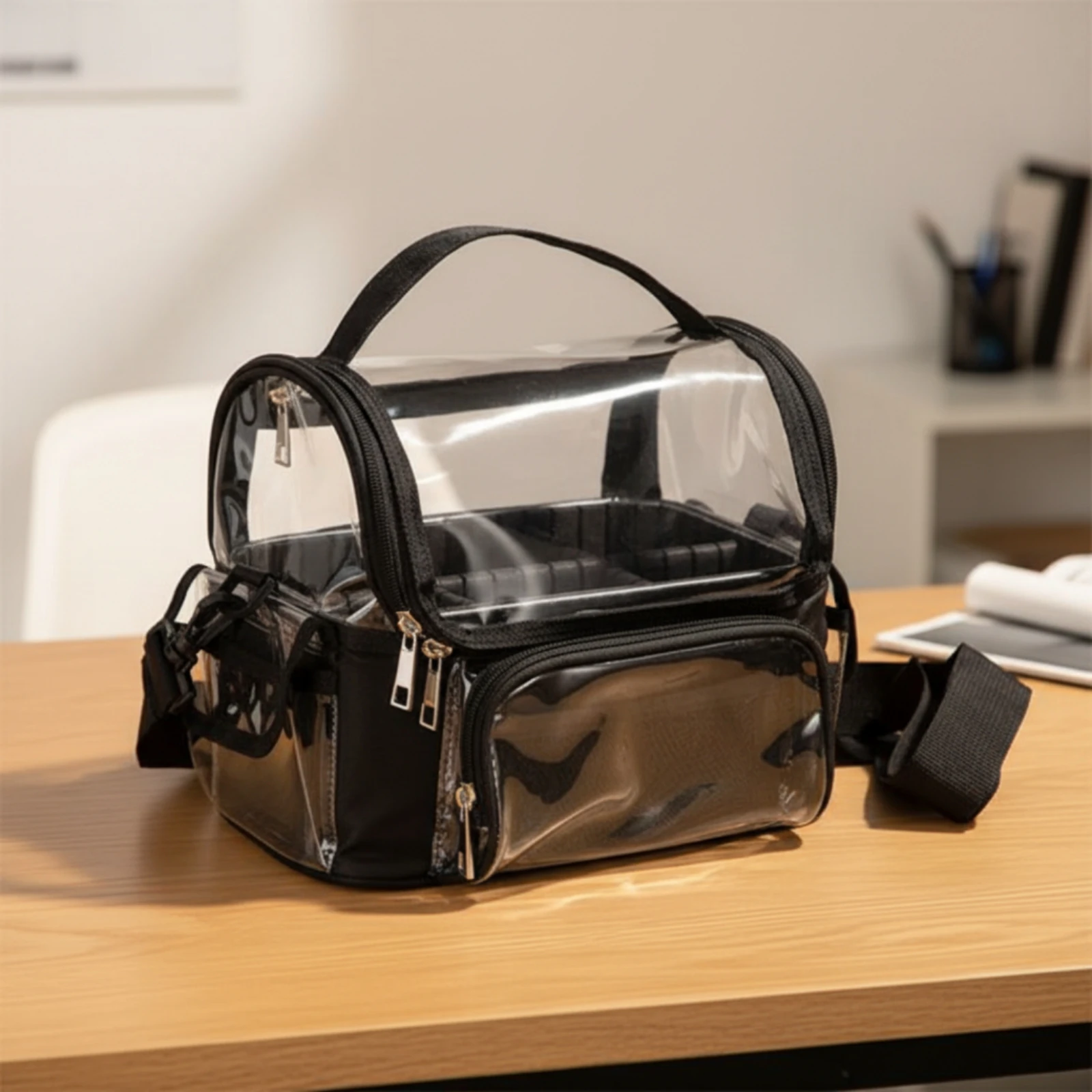 Makeup Bag with Adjustable Dividers Portable Clear Makeup Bag with Strap Travel-Friendly for Journeyers, Washroom Countertop