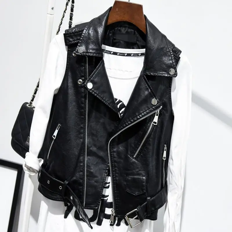 

Hot Sale Black Sleeveless Pu Leather Jackets Winter Jacket Women Pu Belt Veste Motorcycle Jacket Waistcoat Vest Rivet Vests