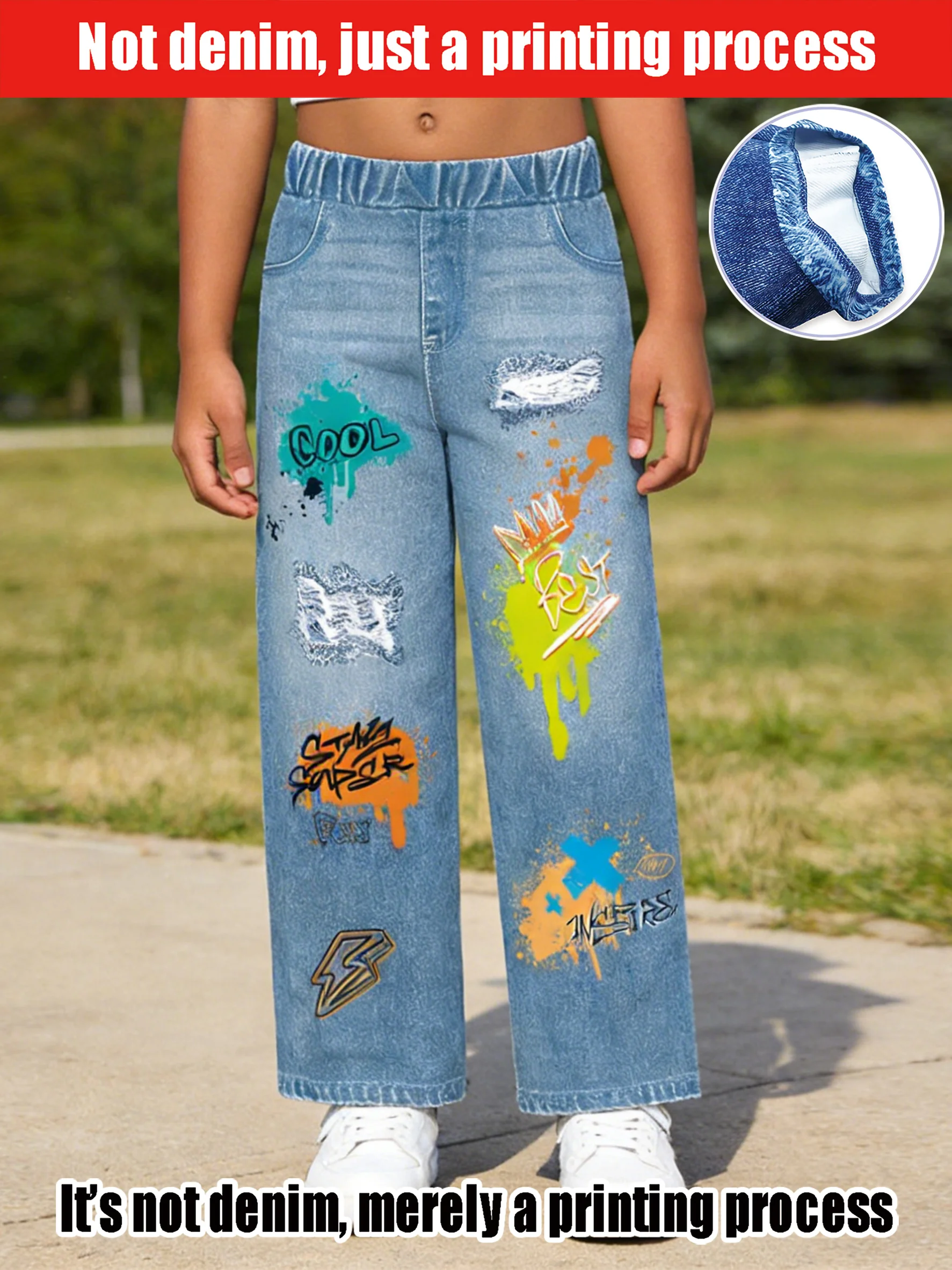 2026 children's light blue imitation denim wide-leg pants, colorful graffiti letter hole decoration