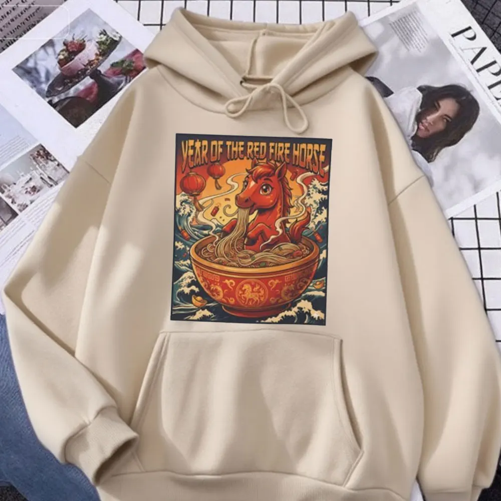 Year of The Red Fire Horse 2026 Hodie Chinese New Year Ramen Y2k Hoodie Funny Zodiac Animal Gift Winter Warm Sweatshirt