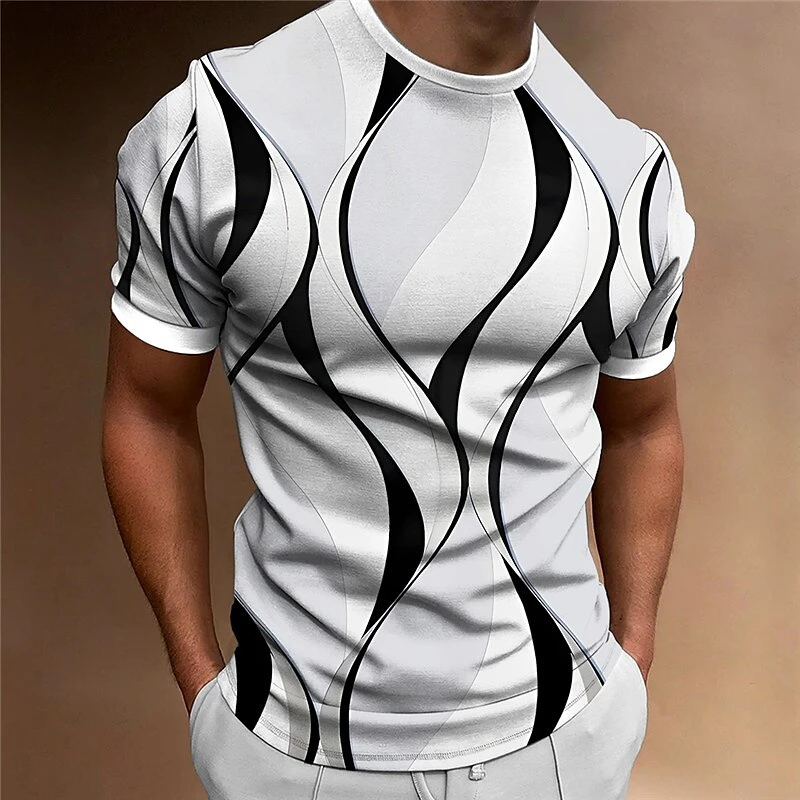 Contrast Color Printed T-shirt For Men Rotate Line Tee Shirts Simple Design Pattern Streetwear Casual Fashion Sports Tees Top