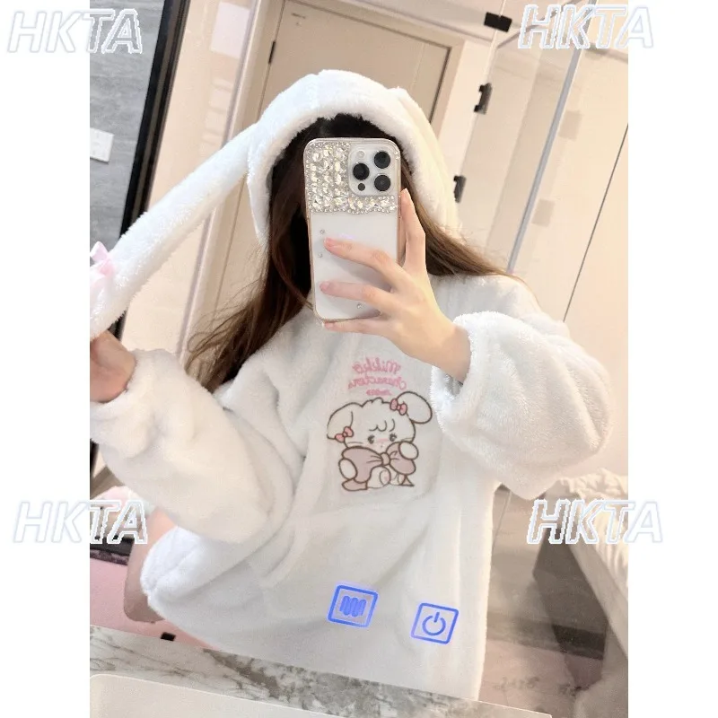 Japanese 2026 Winter Cartoon Embroidered Plush Hooded Sweatshirt Kawaii Hoodie Jacket Sweet Lolita Loose Casual Long Coat Women