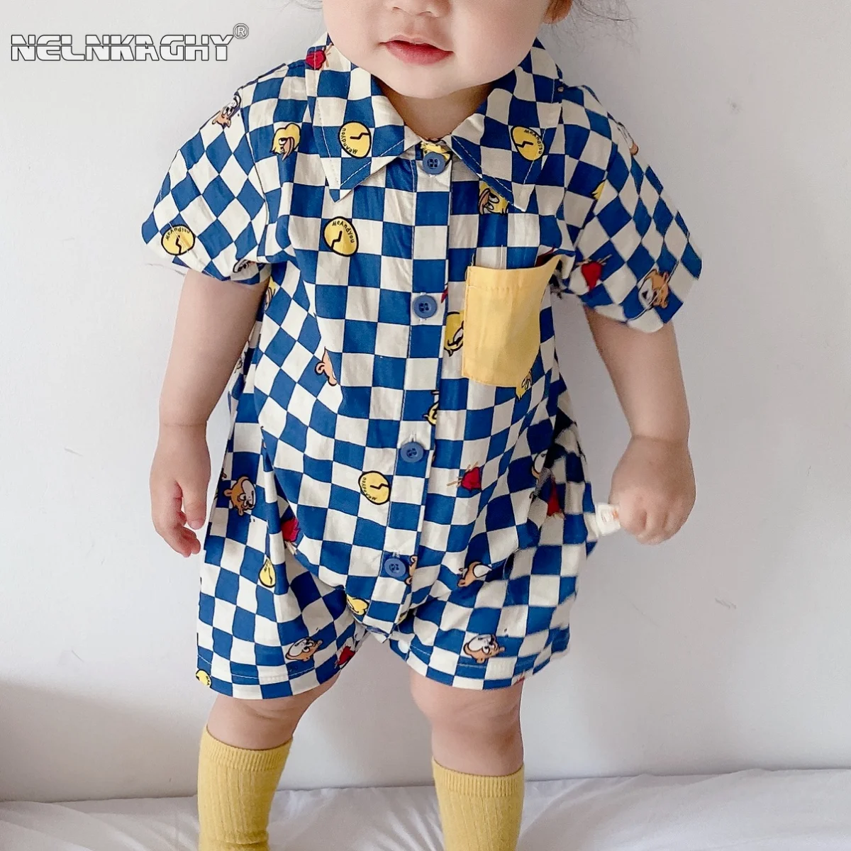 Summer 2023 New In! Cute Newborn Baby Boys\' Short Sleeve Plaid Cartoon Print Romper Jumpsuits Kids Infant Cotton Clothes