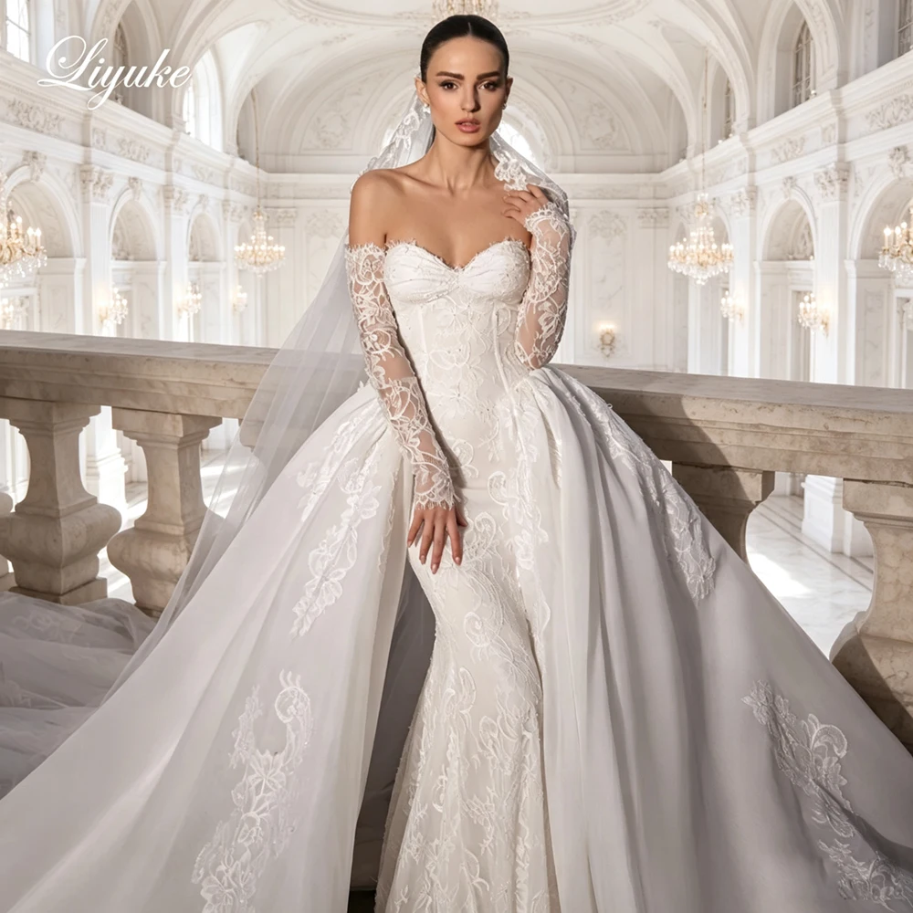 Liyuke Custom Made Elegance 2 In 1 Sweetheart Mermaid Wedding Dresses Shiny Lace Full Sleeves Bridal Gowns With Removable Train