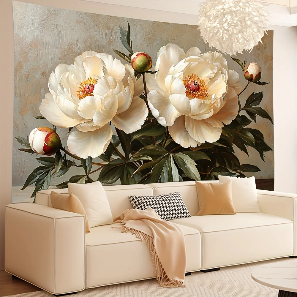 قطعة واحدة من نسيج طباعة الفاوانيا البيضاء، قماش بوليستر، قابل للغسل في الغسالة، مناسب لتزيين غرفة النوم وغرفة المعيشة. #2