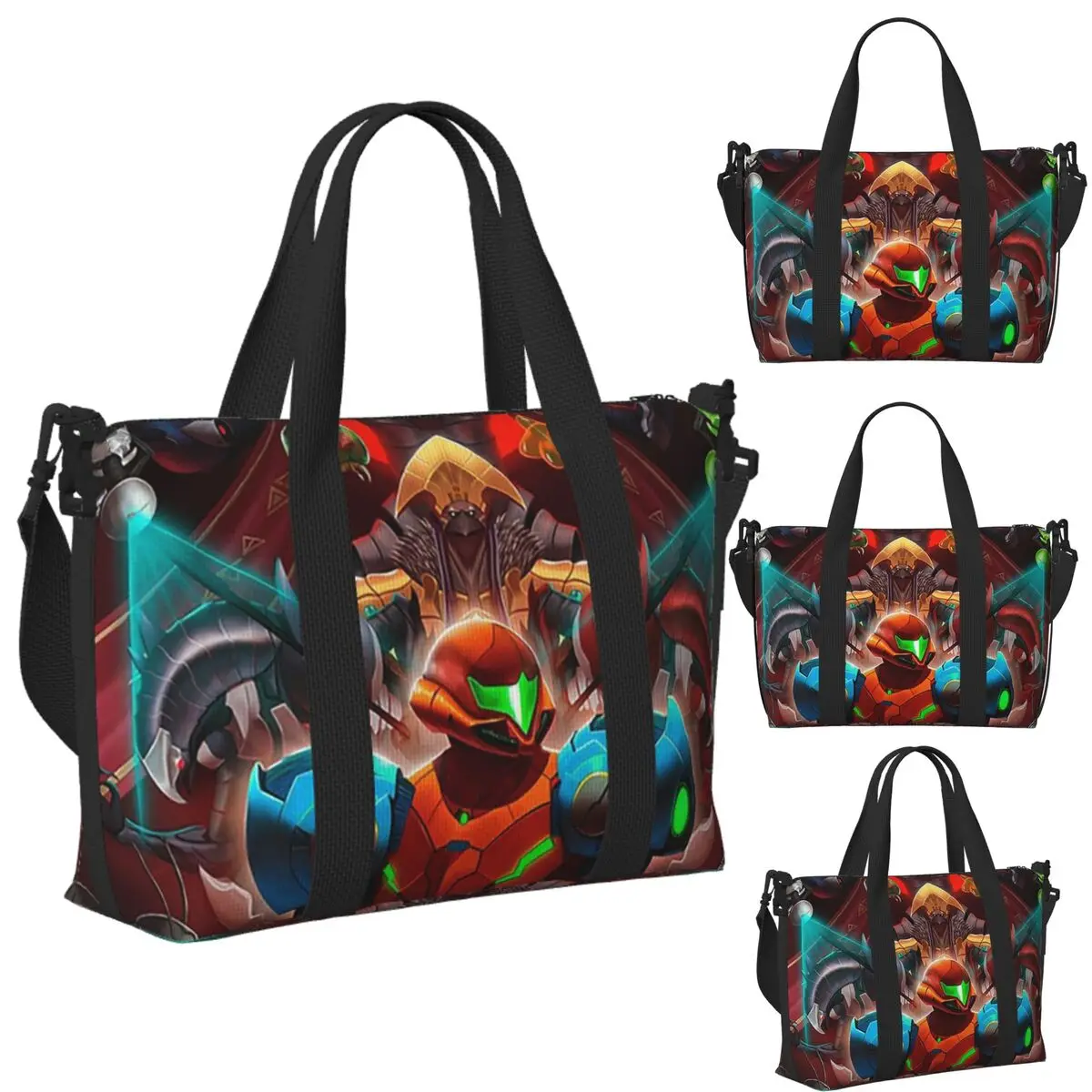 

Metroid Dread Metroid Samus Aran Пляжная дорожная сумка Большая вместительная сумка-тоут для тренажерного зала Йога Женская дорожная сумка для покупок