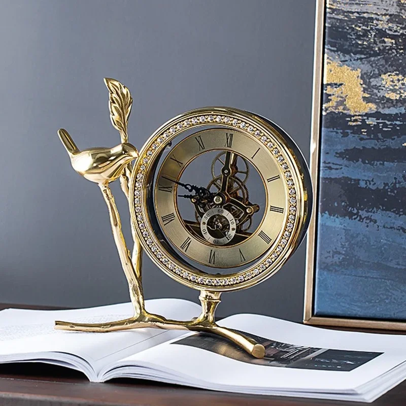 Creativity Gilded Bird Decorative Desk Clock Modern Classical Metal Vertical Branches Electronic Table Clocks Living Room Decor