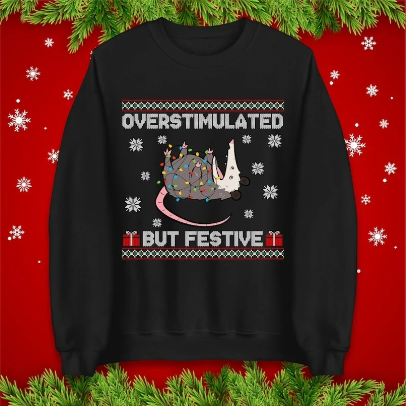 Overstimulated But Festive Jumper Funny Possum Xmas Hoodie Cute Animal Lover Christmas Humorous Holiday Gift White Sweatshirt