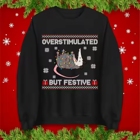 Overstimulated But Festive Jumper Funny Possum Xmas Hoodie Cute Animal Lover Christmas Humorous Holiday Gift White Sweatshirt