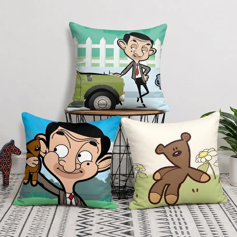 Mr. B-Bean Cartoon Cushion Cover Double-Sided Plush Sofa Cushion Covers Organic Breathable Invisible Zipper