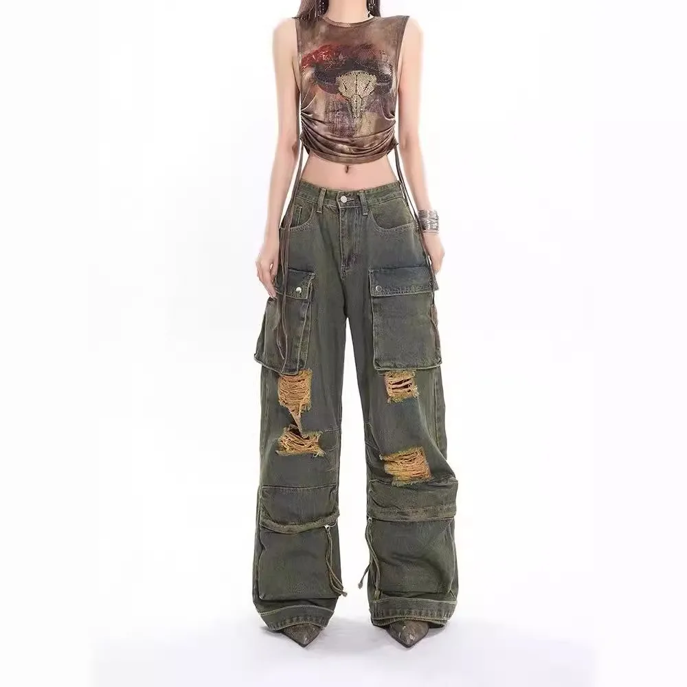 Jeans cargo Dystopian: calças largas destruídas plus size para mulheres, ajuste folgado e emagrecedor