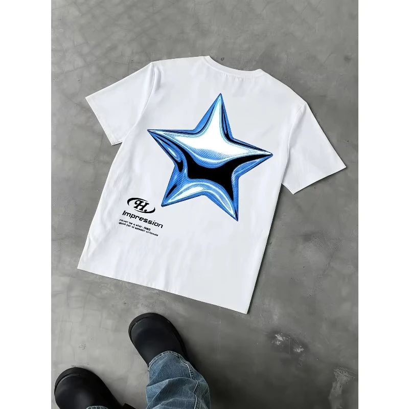2026 New Metallic Blue Star Graphic Print on Premium Soft Cotton Men's T Shirt Perfect for Summer Urban Stree