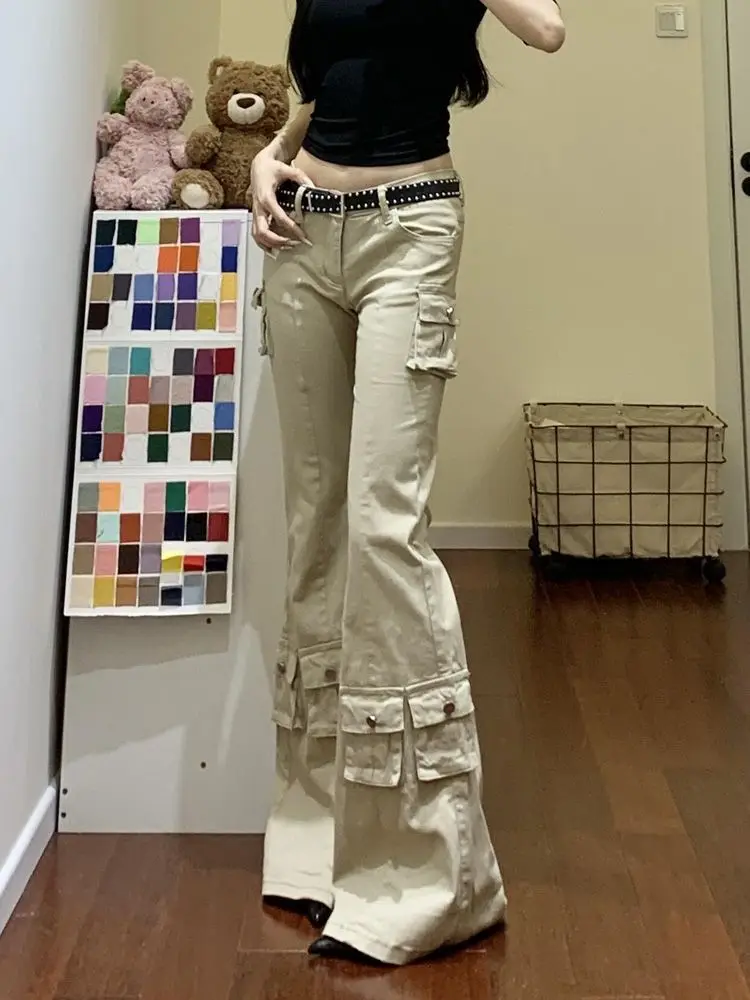 

Женские расклешенные осенние новые стильные брюки с низкой талией для спецодежды в американском стиле High Street Spicy Girl Design с несколькими карманами