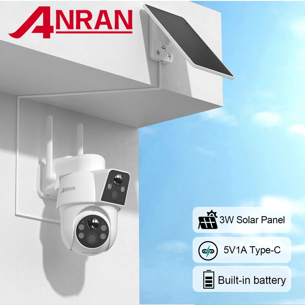 ANRAN Solarkamera mit zwei Objektiven, Außenkamera, WIFI-Überwachungskameras, Farbnachtsicht, PIR-Bewegungserkennung, Farbnachtsicht, Heimschutz