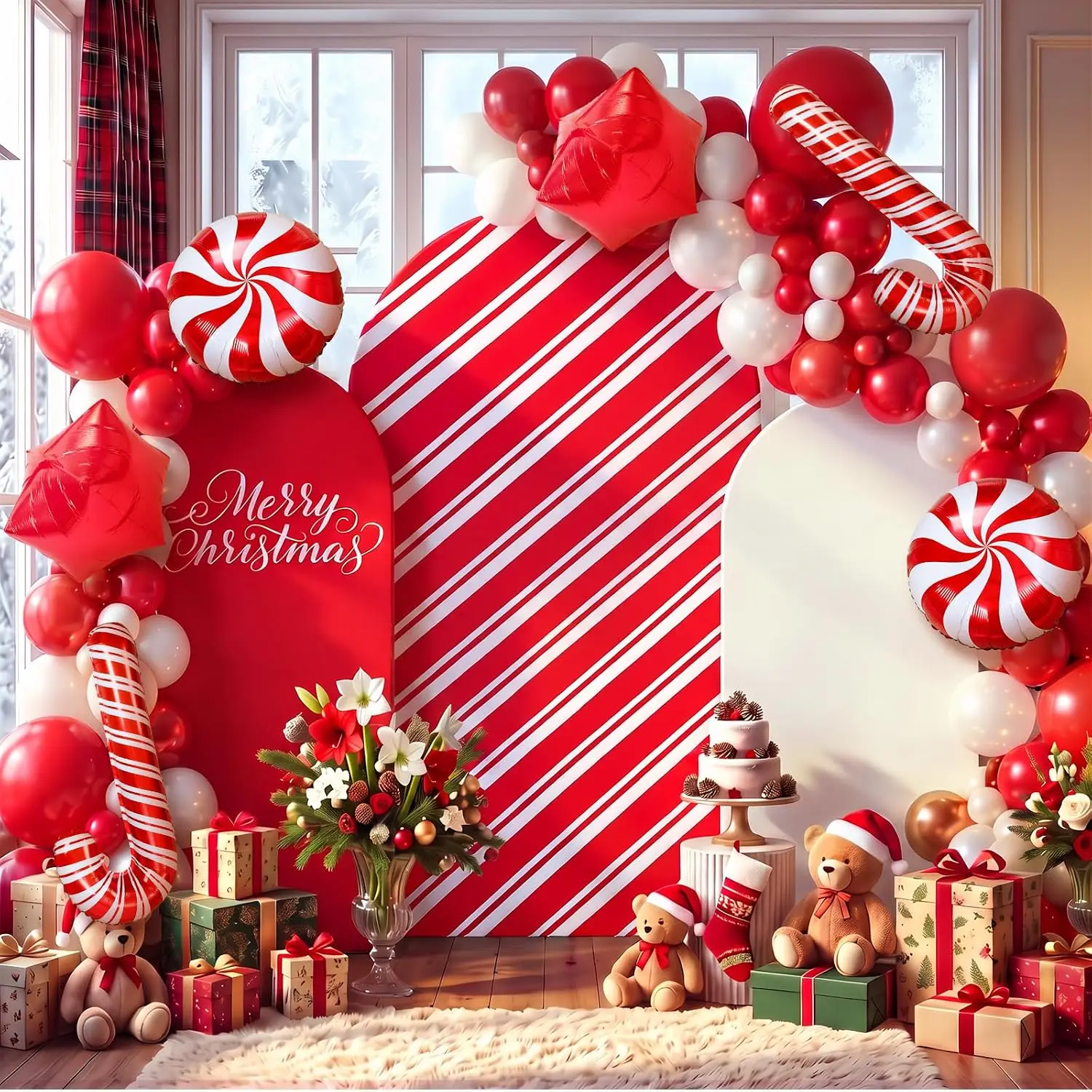 Custom 2-sided Candy Cane Arch Backdrop Cover Merry Christmas Supplies Red White Striped Winter Holiday Party Banner Background