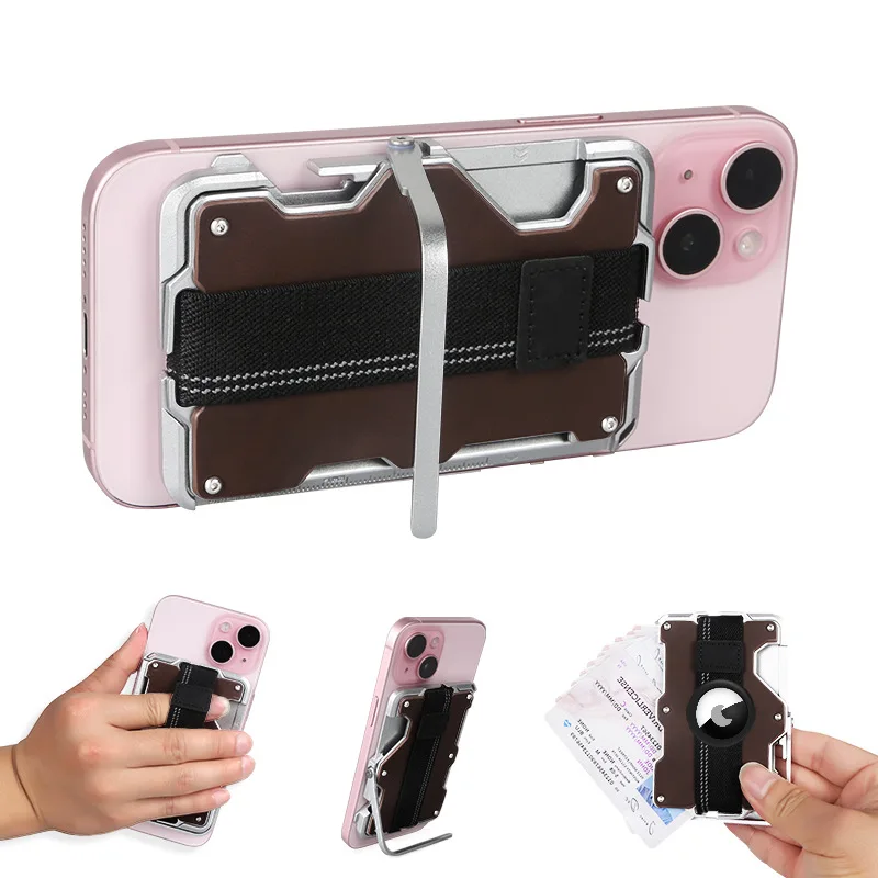 Men's Wallet Leather Metal Card Case Compatible with MagSafe Multi Function Mobile Phone Stand/Grip Bottle Opener RFID Shielding