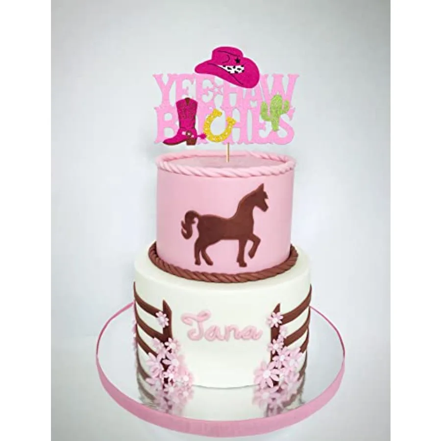 Yee Haw Cowgirl Cake Topper Western Decorations Glitter Pink Bachelorette Theme Cake Toppers Decorations for Girls Women Horse
