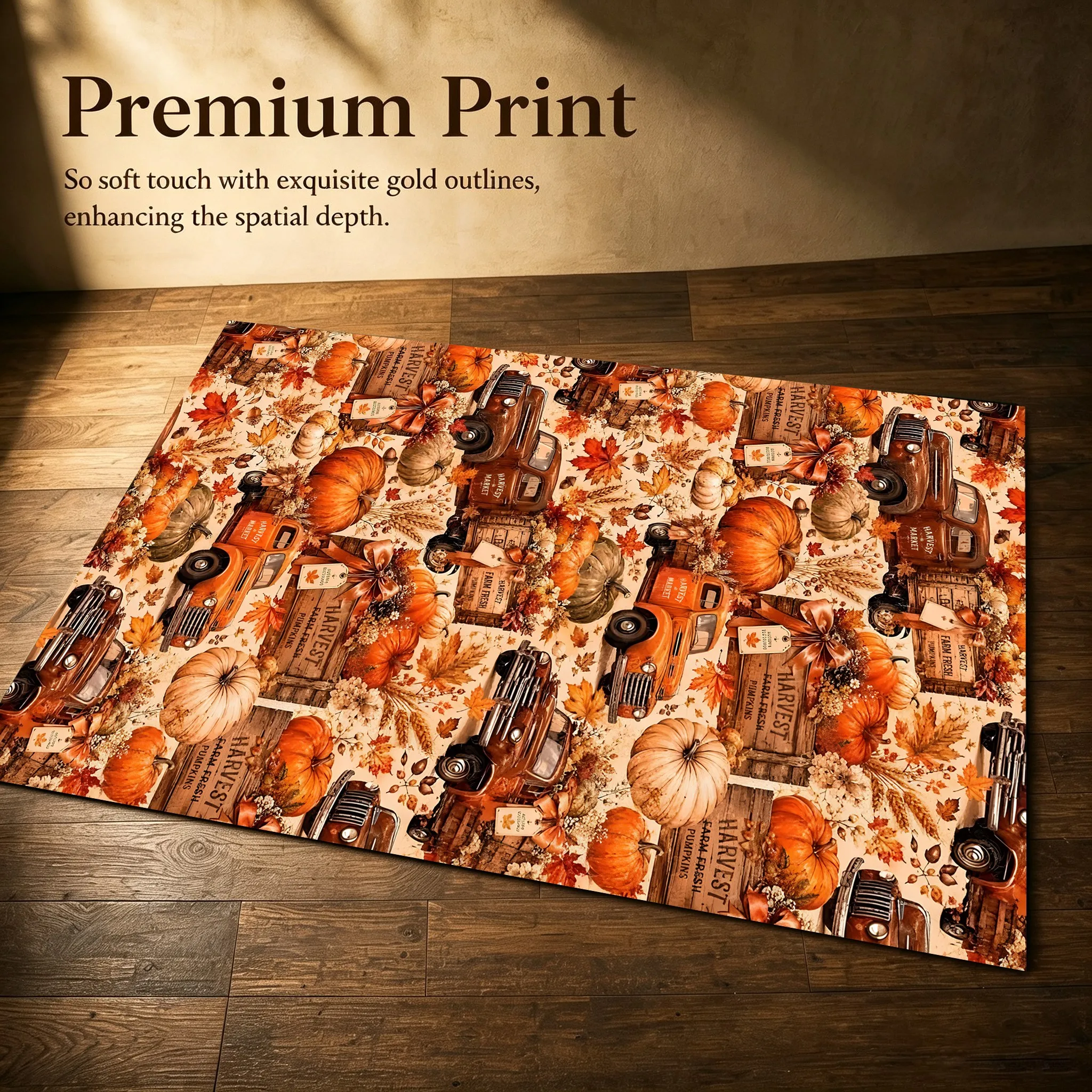 Pumpkin and Maple Leaf Vintage Truck Print American Retro Thanksgiving Velvet Rug for Living Room, Entryway, and Bedroom
