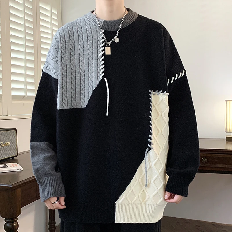 

High-End Patchwork Men's Knitwear Loose Fit Thi Winter New Sle Casual Loose Sle Polyester Fiber Long Sve round Ne