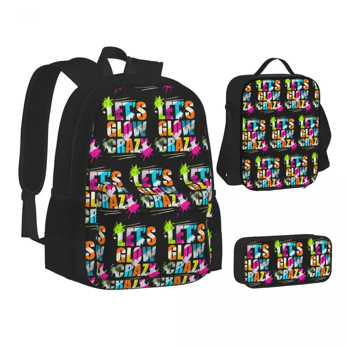 Let's Glow Crazy Neon Party Light Rave Backpacks Bookbag School Bags Children Rucksack Lunch Bag Pen Bag Three-Piece Set