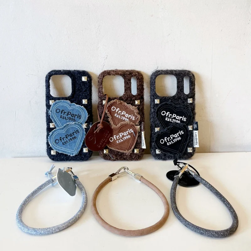 

Punk style rivet heart patch phone case compatible with Apple17/16PROVelvet CaseiPhone15Cartoon14