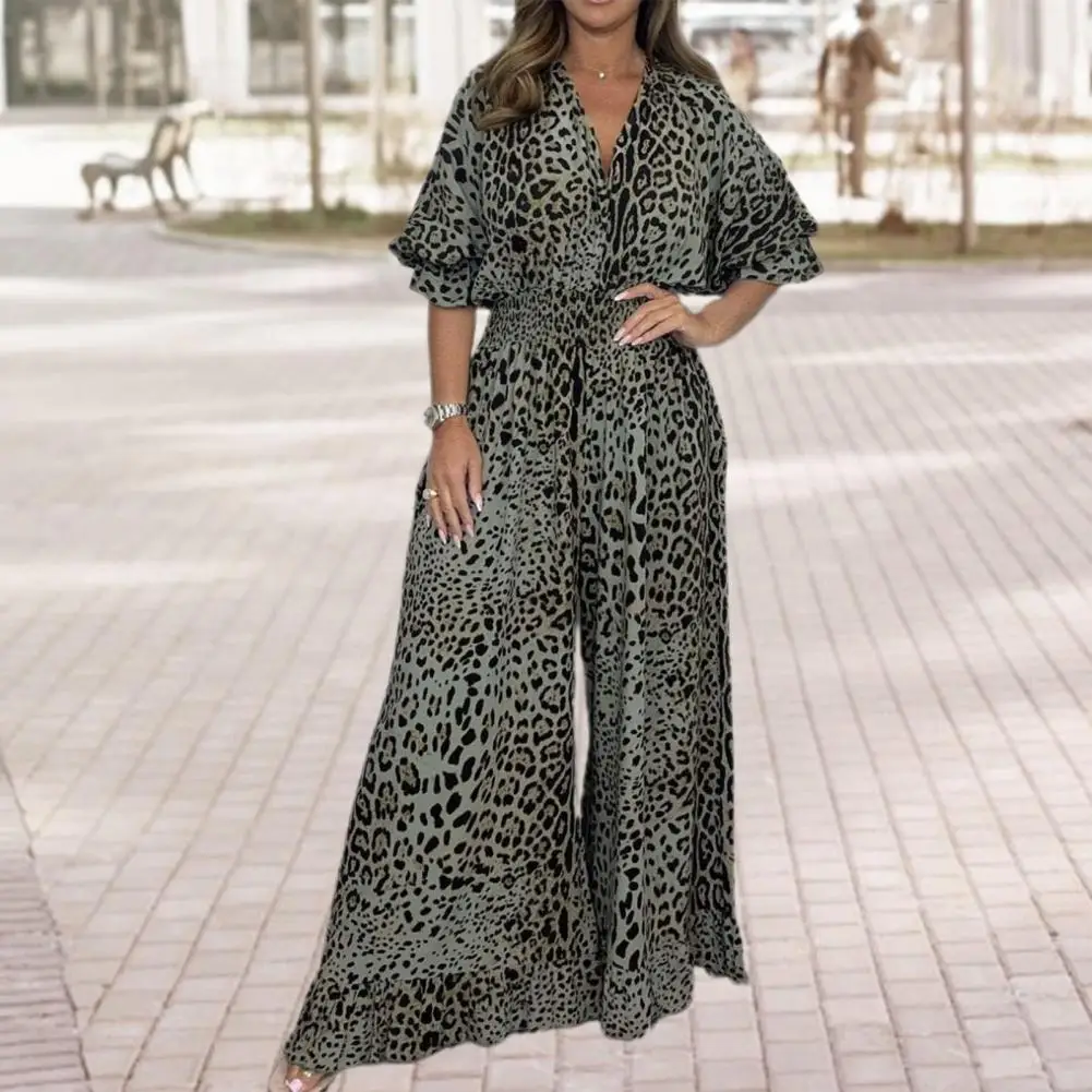 

Retro Style Jumpsuit Leopard Print Wide Leg Jumpsuit with V Neck Ruffle Detail Stylish Women's High Waist Commute for Summer