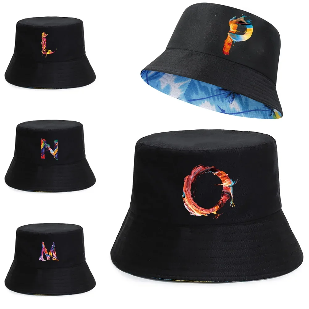 

2024 New Fisherman Caps Unisex Summer UV-proof Visors Cap Reversible Bucket Hat Paint Letter Print Foldable Fishing Beach Hats