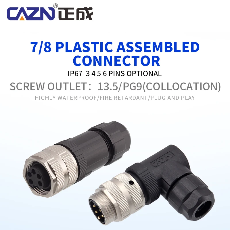 7/8 Plastic Assembled Plug Male Female 3 4 5 6 Pin Straight Angled Screw Type PG9 PG13.5 IP67 for Sensor & Fieldbus Systems
