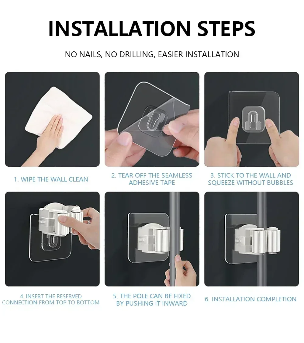 Mopp Halter Selbst-klebe Besen Ständer Wand Montiert Mopp Unterstützung Kehr Pinsel Haken Lagerung Organizer Bad Küche Zubehör – Detail 11