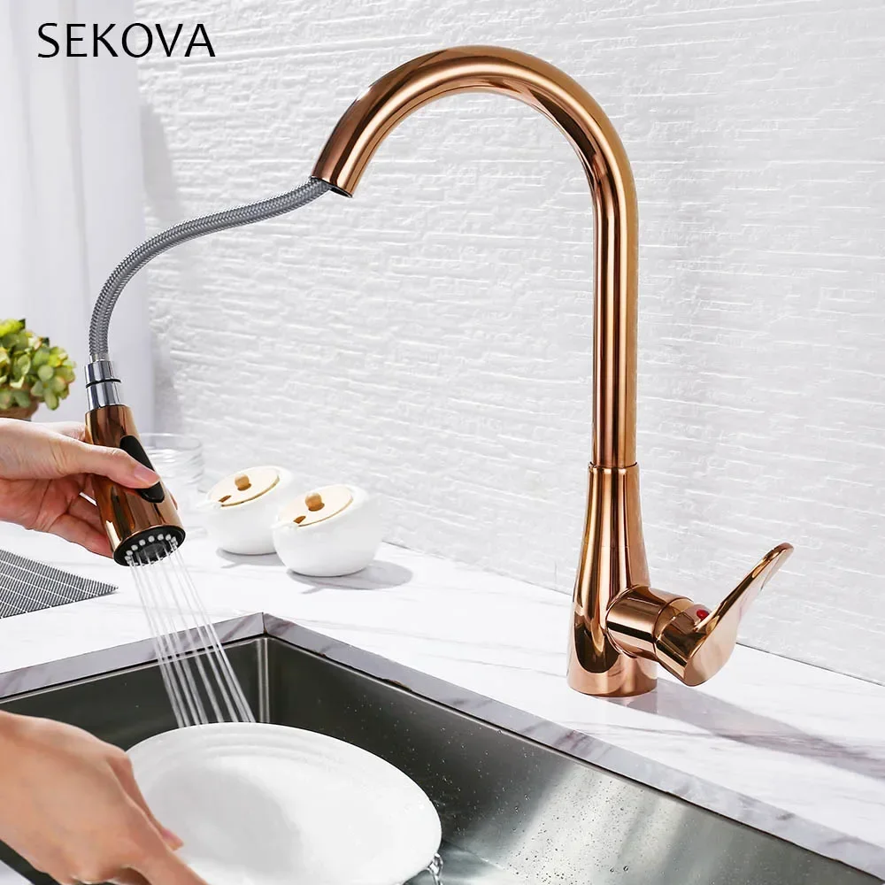 Rose Gold Kitchen Faucet Mixer Cold And Hot Deck Mounted Single Handle Pull Out Kitchen Sink Water Mixer Tap