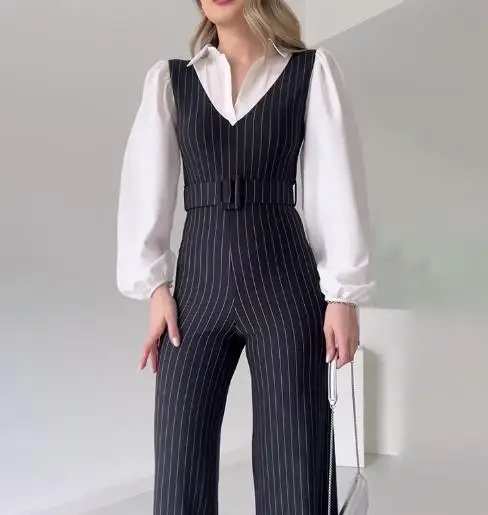 Tuta da donna New Fashion Autunno 2025 Elegante risvolto Contrasto Falso in due pezzi a righe Tute a vita alta per le donne