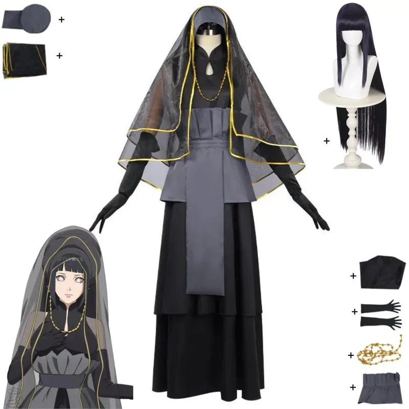 Costume de Cosplay Anime Hyuga Hinata, robe de mariée noire, voile, jupe de princesse, chapeau, perruque, femme adulte, Costume de carnaval Sexy d'halloween 5ftu