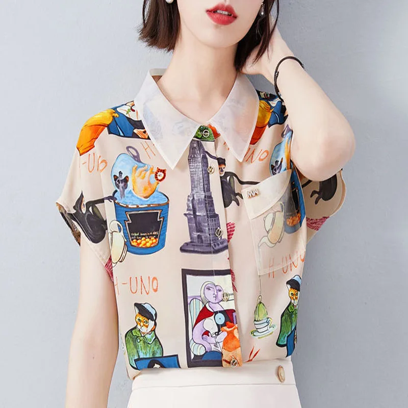 Woman\'s Cartoon Printed Button Blouses Summer New Fashion Female Clothing Short Sleeve Casual Polo-Neck Patchwork Chiffon Shirt