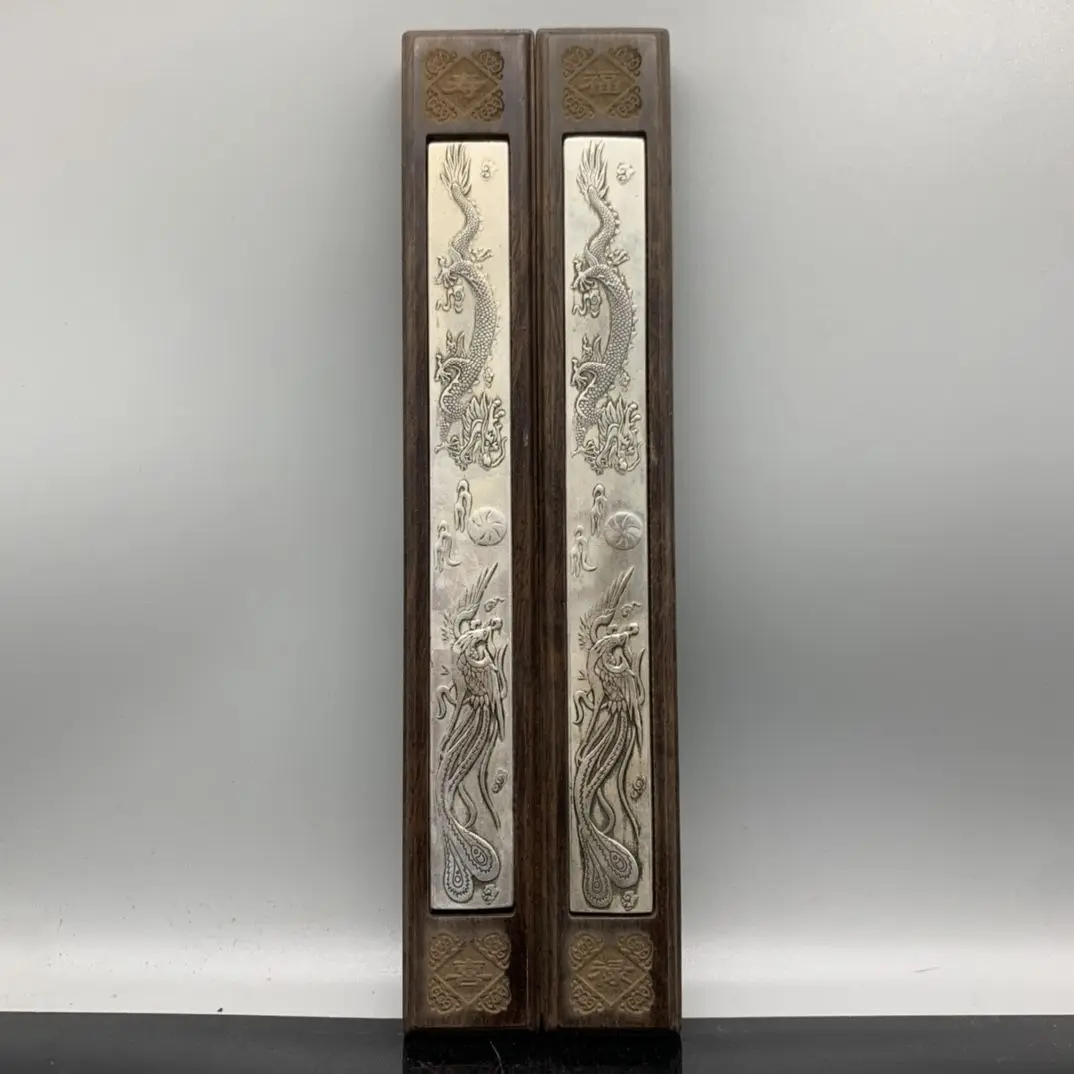 Vintage Wooden Ruler Pair Inlaid White Copper Carved Dragon Phoenix Blessing Motifs, Study Collectible