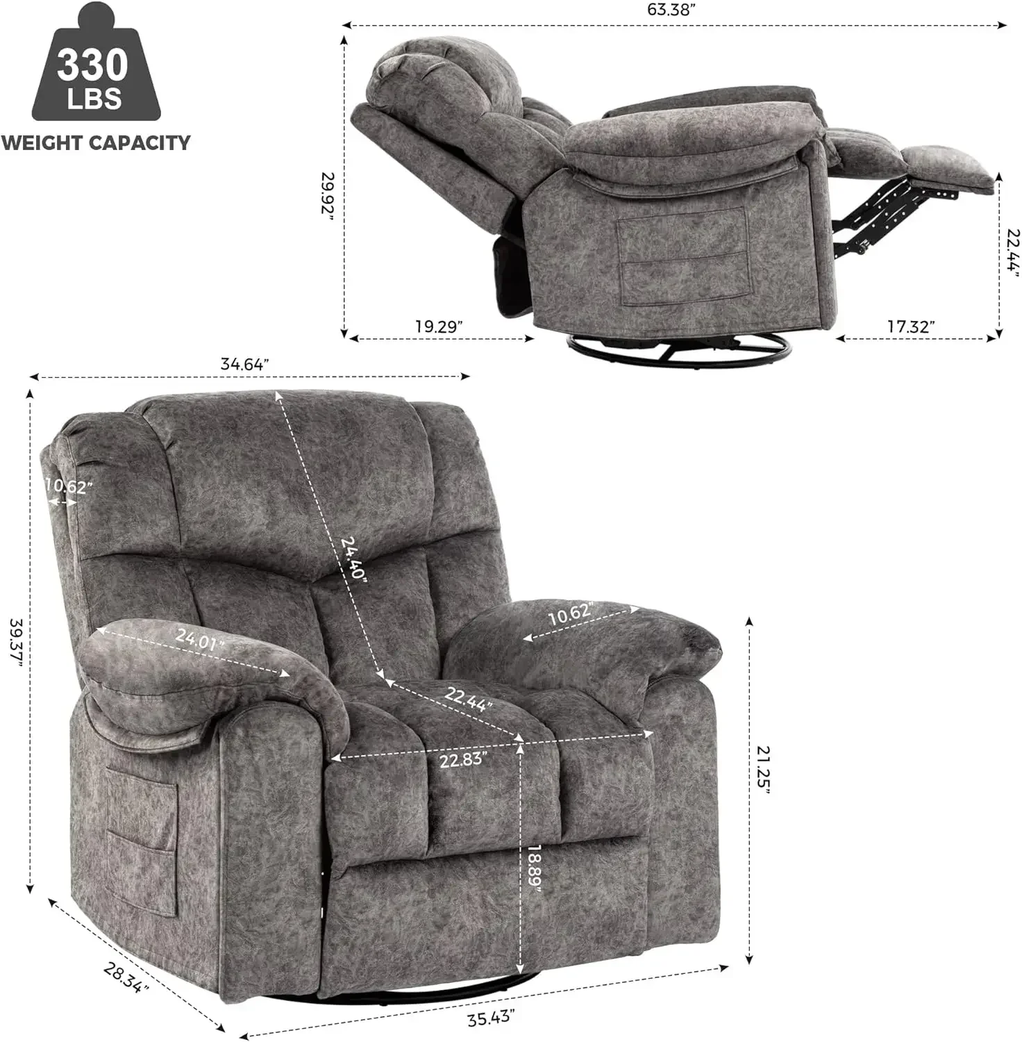 BestsellerBestsellerRecliner Chair Massage Rocker Swivel Heated with Hideable Cup Holders, 360°Swivel Vibrating Massage Fabric 2