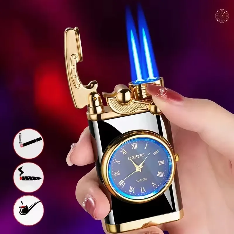 Swing Arm Windproof Gas Lighter Watch Cigar Lighter Outdoor Jet Double Tube Lighter Men's Cigarette Accessories Smoking Tool