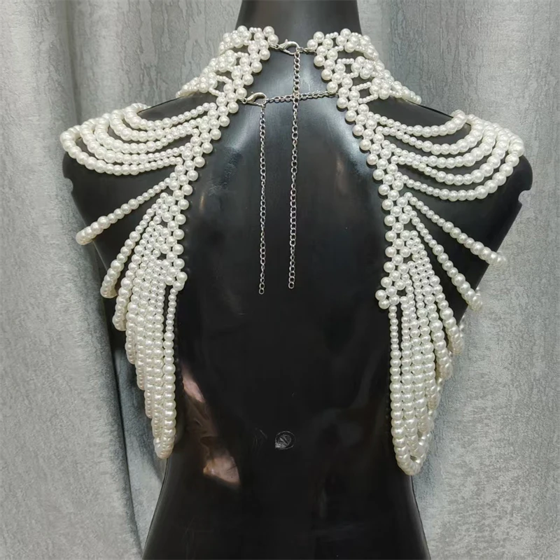 Damen-Top, mehrschichtige Perlen-Körperkette, handgewebter Schal, Harness, Braut- und Abendkleid-Accessoire, Party-Top, Damenbekleidung – Detail 10