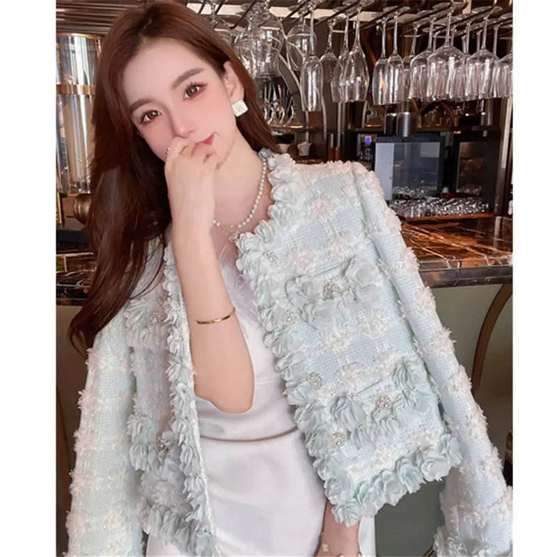 Women Autumn And Winter 2022 New Heavy Industry 3D Flower Trim Single Breasted Woolen Short Coat Luxury Ladies Jacket