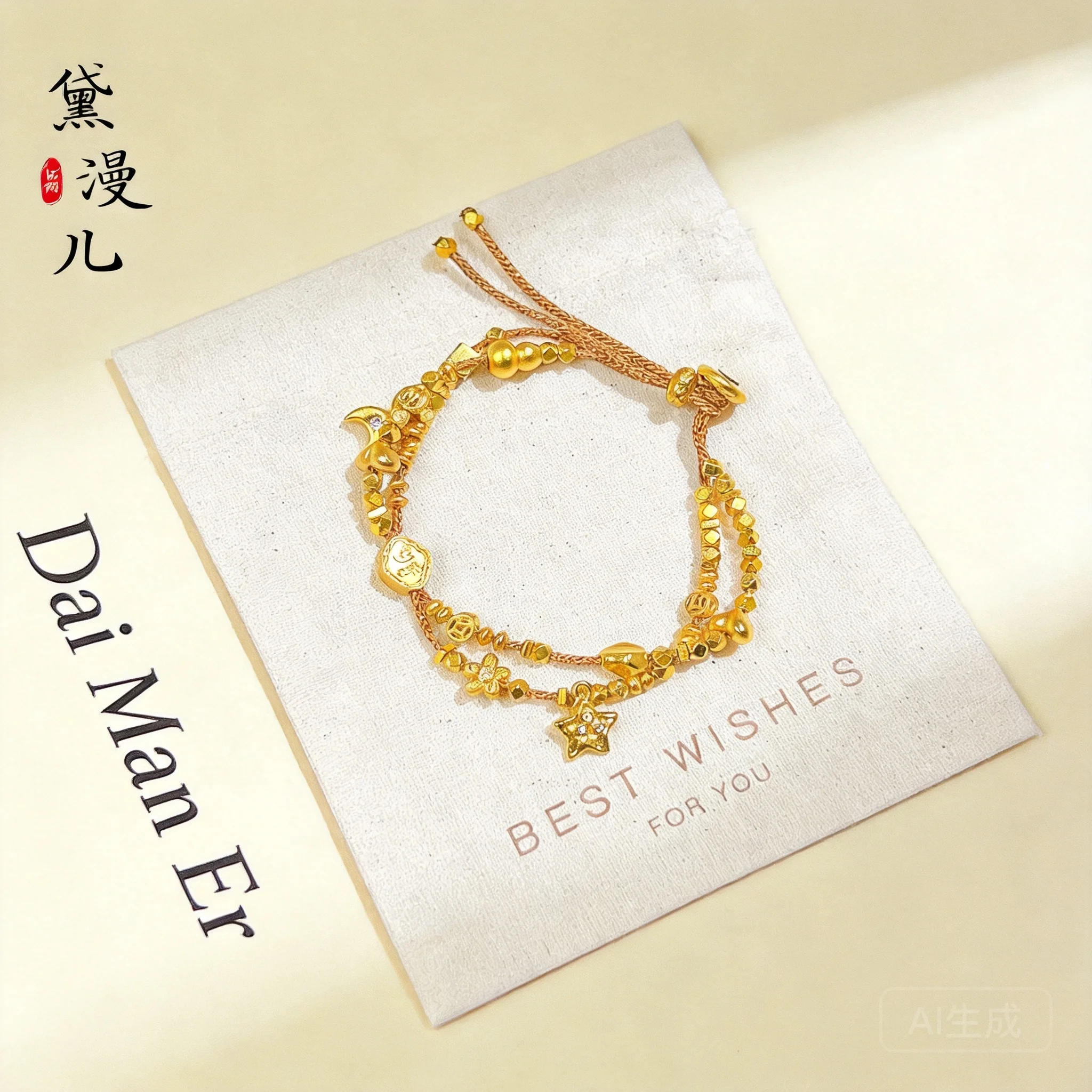 Chinese Style Ancient Sand Gold Double Layer Yellow Rope Bracelet For Women Lucky Peace Joy Fortune Blessing Good Luck Auspiciou