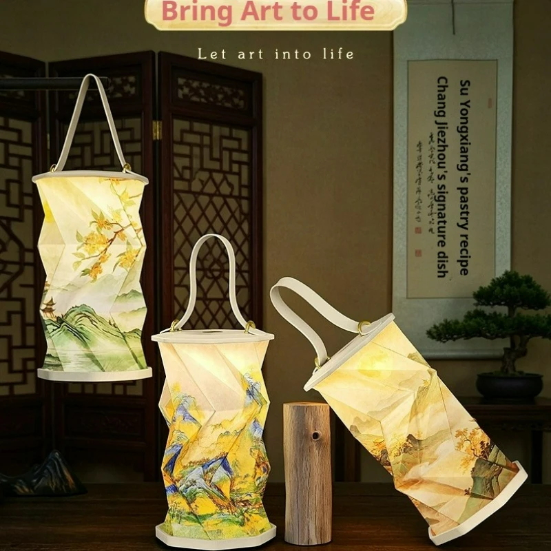 New Chinese‑Style Aesthetic Foldable Lantern with Handle, 3‑Color Lighting, Multi‑Scene for Home Camping Decoration