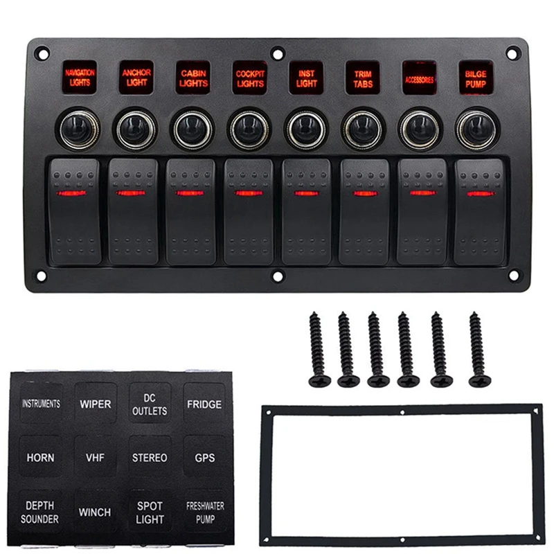 Boat Car Marine Rocker Switch Panel 8 Gang 3PIN & Circuit Breaker Overload Protection Waterproof LED Switch Panel