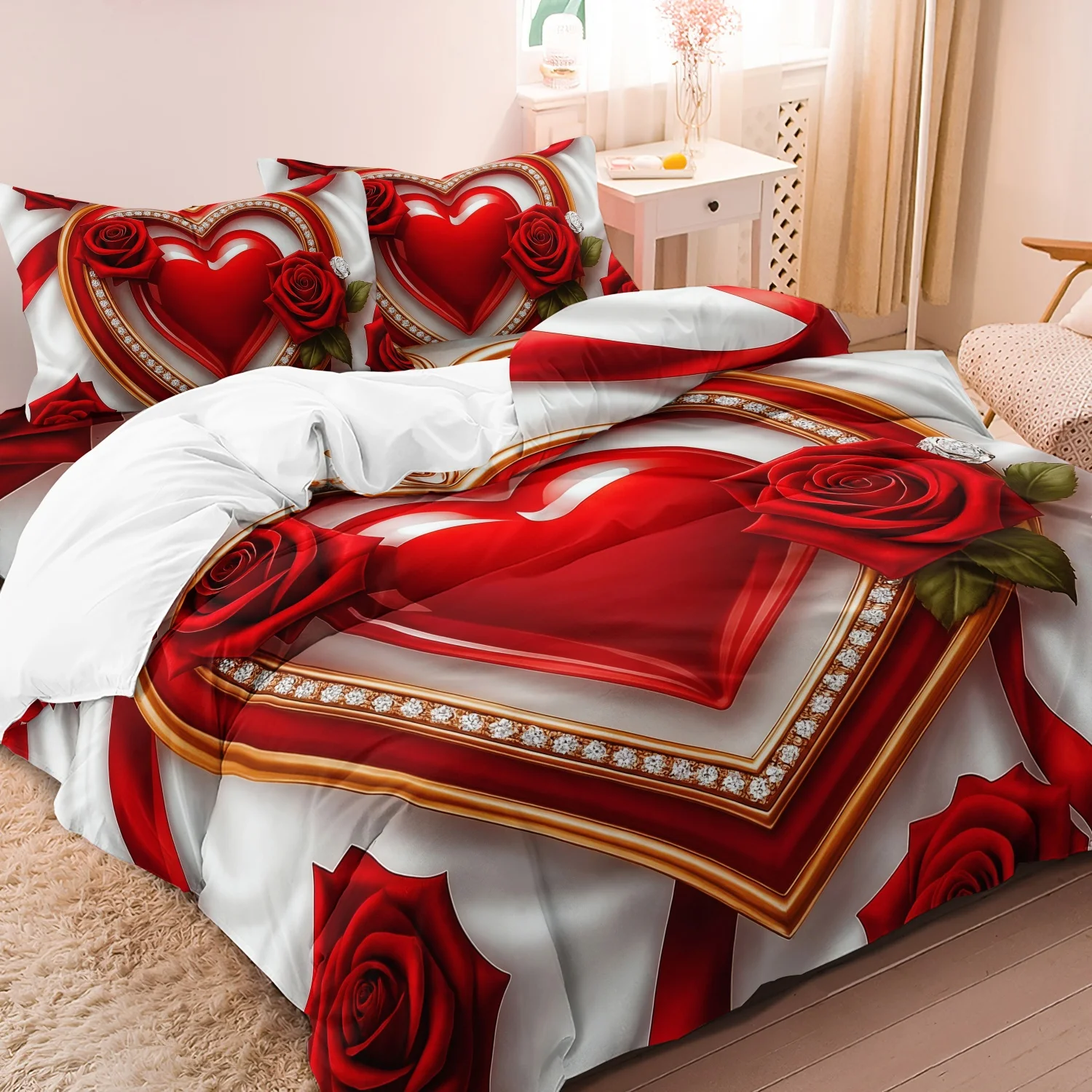 3 قطع من غطاء لحاف الزوجين على شكل قلب رومانسي لعيد الحب، مجموعة مفروشات، غطاء لحاف ناعم ومريح