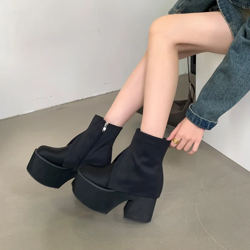 Black Ankle Boots For Women Platforms Chunky Shoes 11cm Heeled Patent Leather  High Heel Boots Fall Punk Botas De Mujer