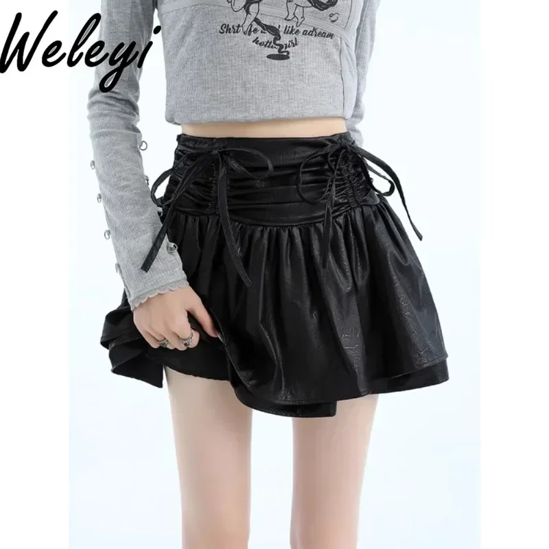 Hot Girl Elastic Waist Pleated Strap-up Bow PU Leather Skirt 2024 Autumn New Women's High Waist A-line Ruffle Edge Short Skirts