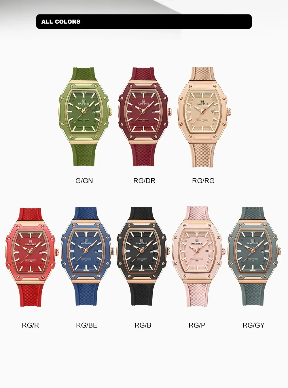 NAVIFORCE NF8069 المرأة كوارتز أنيقة التقويم عرض سيليكون حزام مضيئة مؤشر 3ATM مقاوم للماء ساعة السيدات
