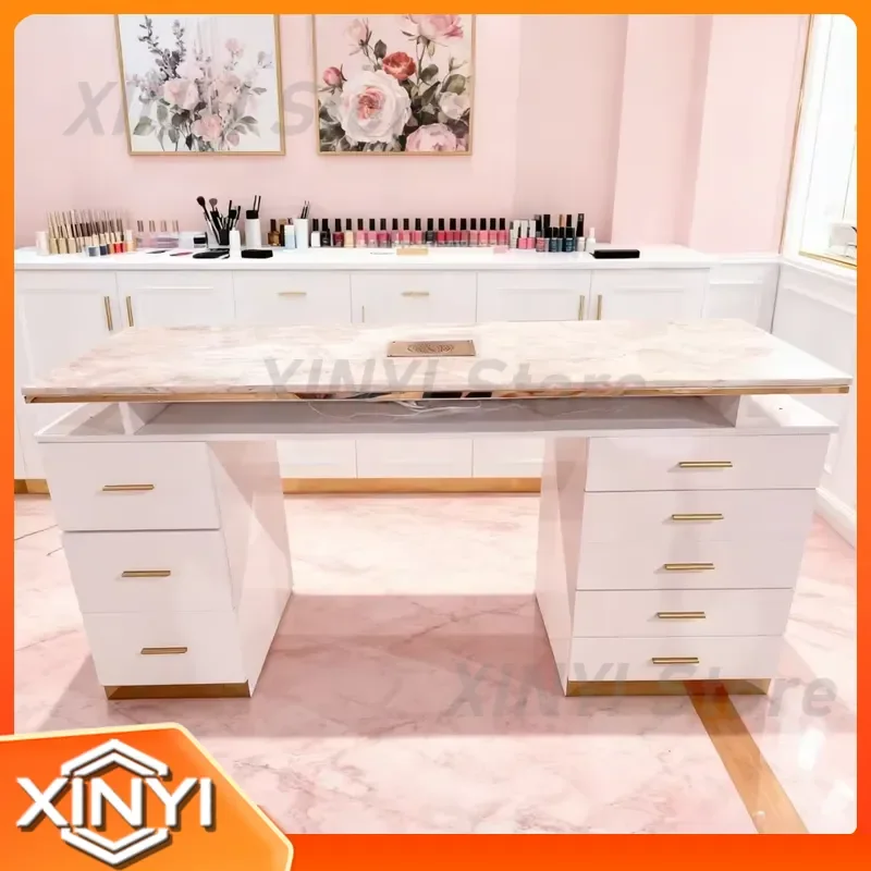 Luxury Modern Nail Table for Salon Storage Drawer Pink Marble Countertop White Frame Gold Decoration Eco Friendly Nail Salon